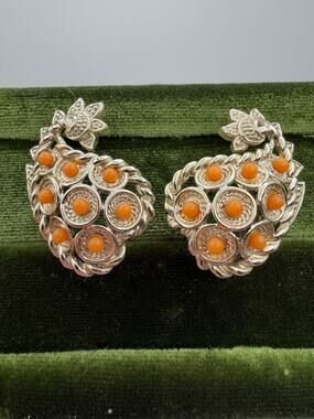 Marboux vintage mid-century clip-on earrings paisley orange lucite